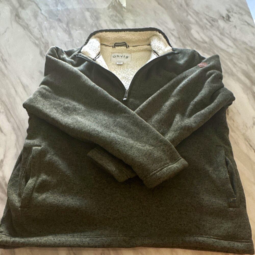 Orvis Men’s Green Fleece Pullover Sweater 1/4 Zip Mock Neck Pockets XL
